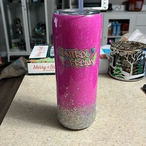 Pink glitter control freak tumbler